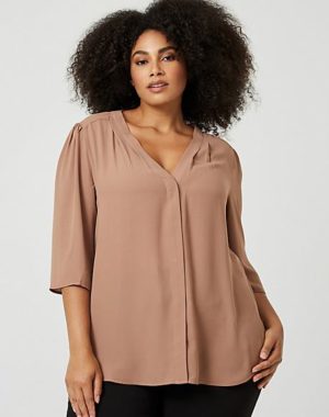 Neutral Button Front Blouse (+ Plus Size)
