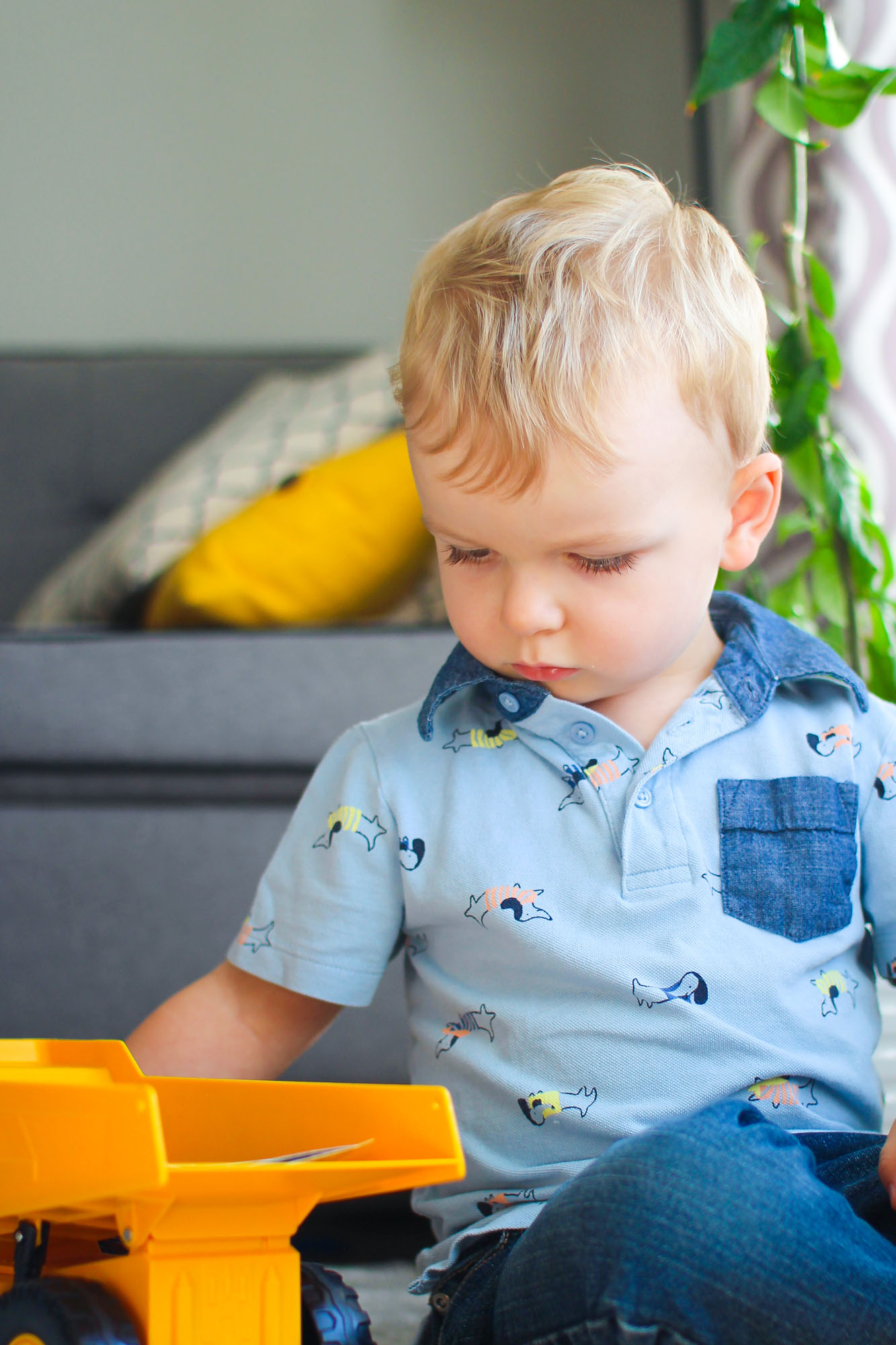 toddler boy sitting with dump truck