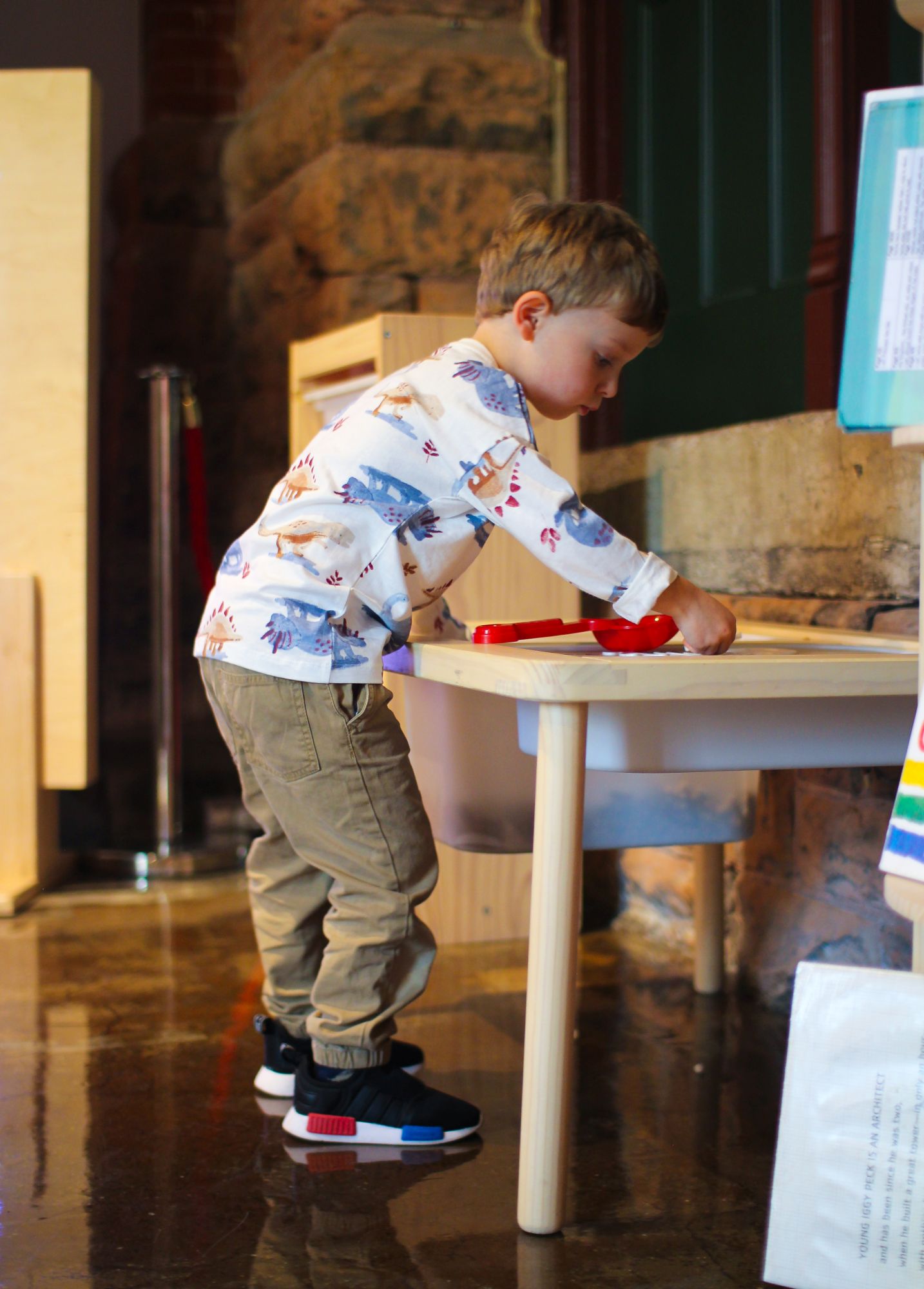 little boy working on a dinosaur puzzle at the museum discovery centre